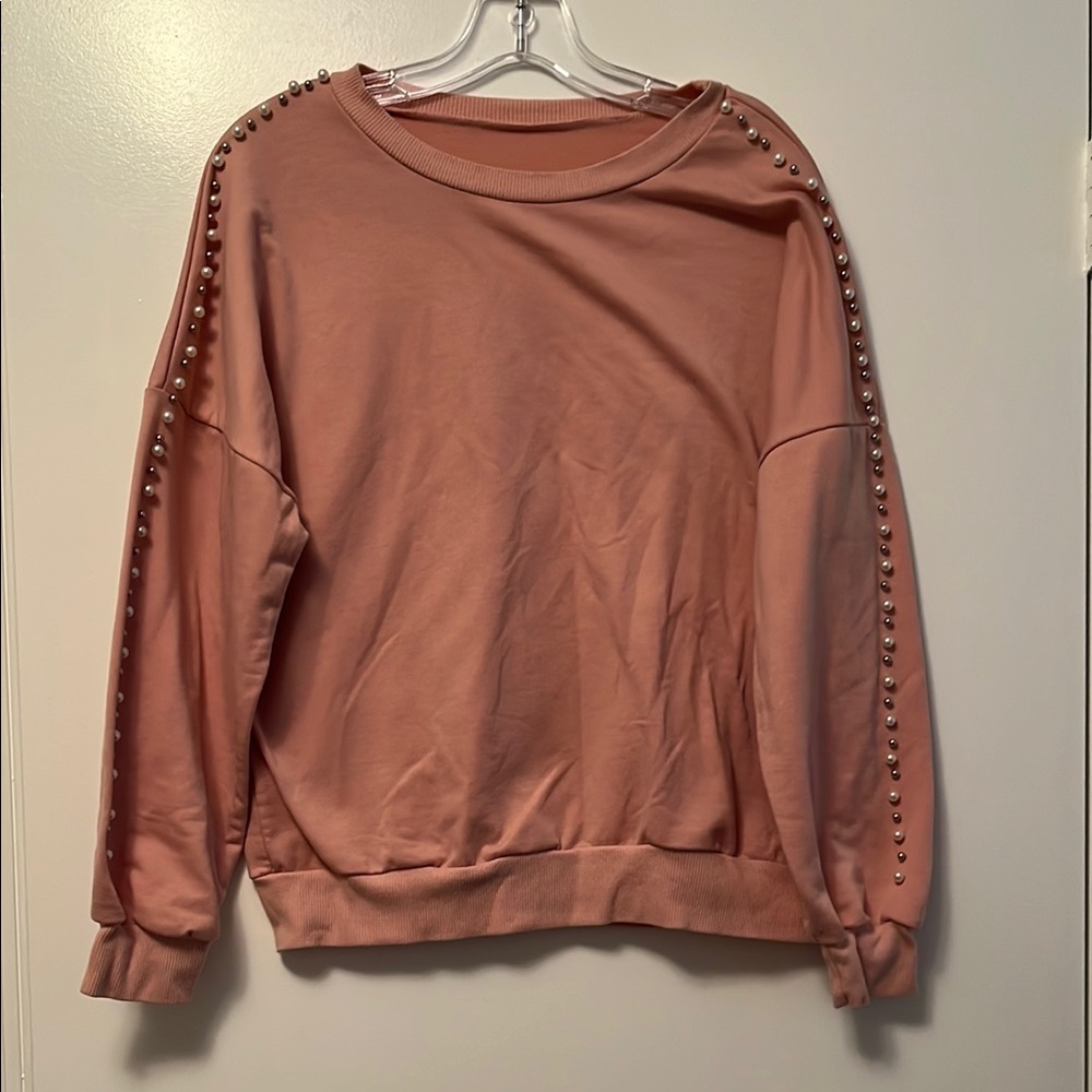 Pink Sweatshirt with Pearl Accents